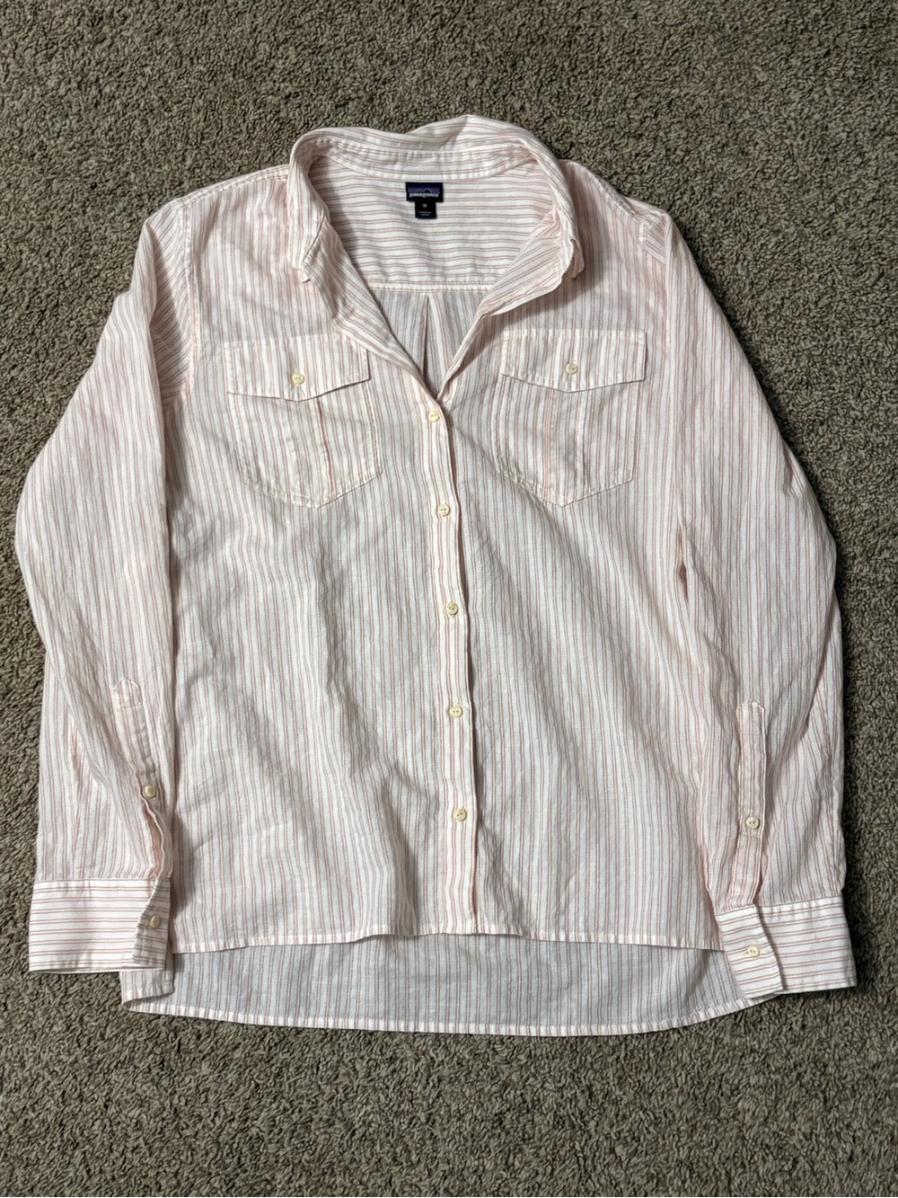 Patagonia Pink and White Striped Womens Button-Down Shirt
